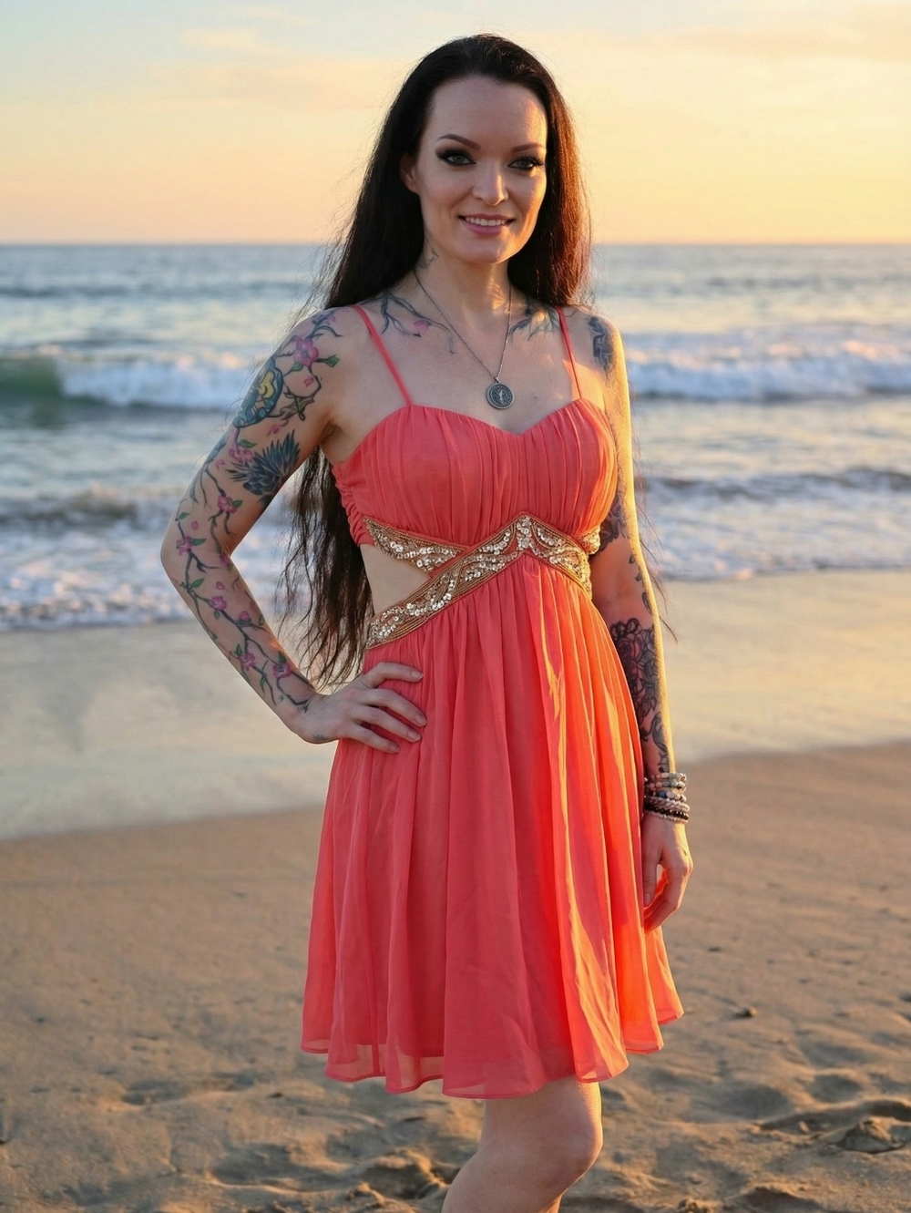 Trixxi ✦ Blush Chiffon Beaded Tiered Mini Dress ✦ Cutout Back Adjustable Strap L